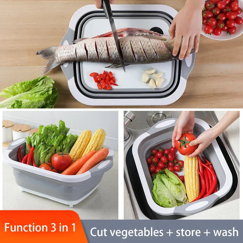 3 in 1 Foldable Basket Cutting Board and Washing Tub